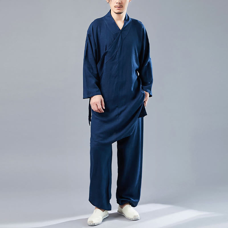 Buddha Stones 2 Piezas Camiseta de Manga Larga con Cuello en V de Hombre Pantalones Conjunto de Ropa de Meditación Zen Tai Chi de Algodón y Lino - Azul acero - US/UK/AU42, UE52 (XL)  - image 31