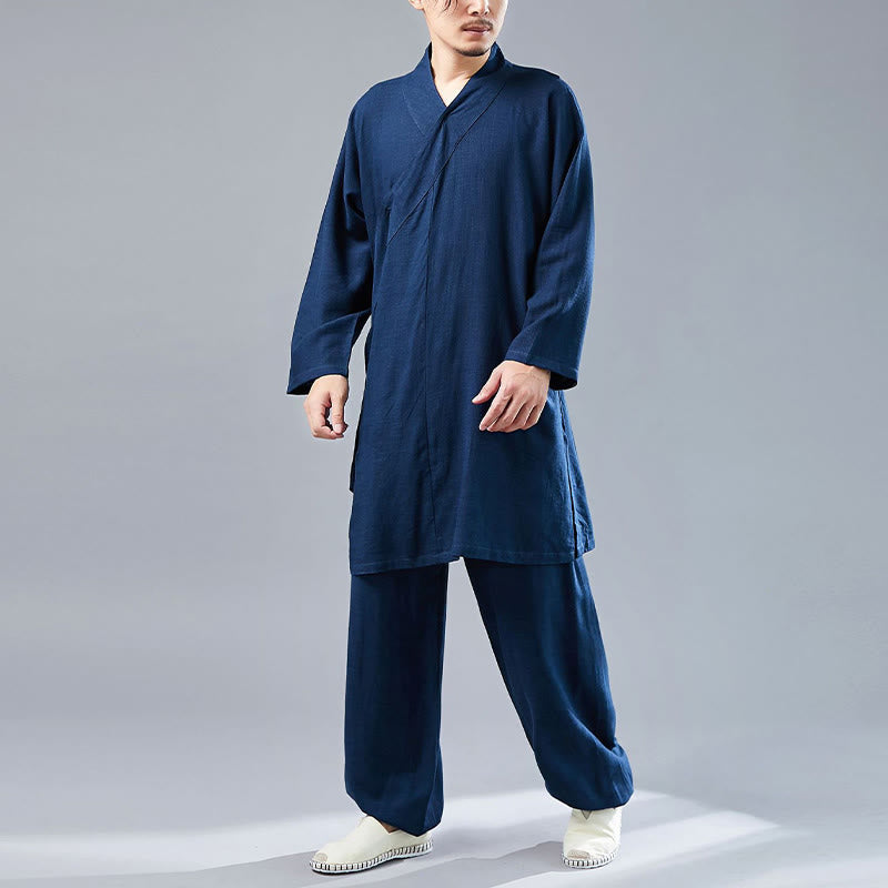 Buddha Stones 2 Piezas Camiseta de Manga Larga con Cuello en V de Hombre Pantalones Conjunto de Ropa de Meditación Zen Tai Chi de Algodón y Lino - image 38