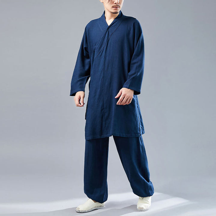 Buddha Stones 2 Piezas Camiseta de Manga Larga con Cuello en V de Hombre Pantalones Conjunto de Ropa de Meditación Zen Tai Chi de Algodón y Lino - image 38