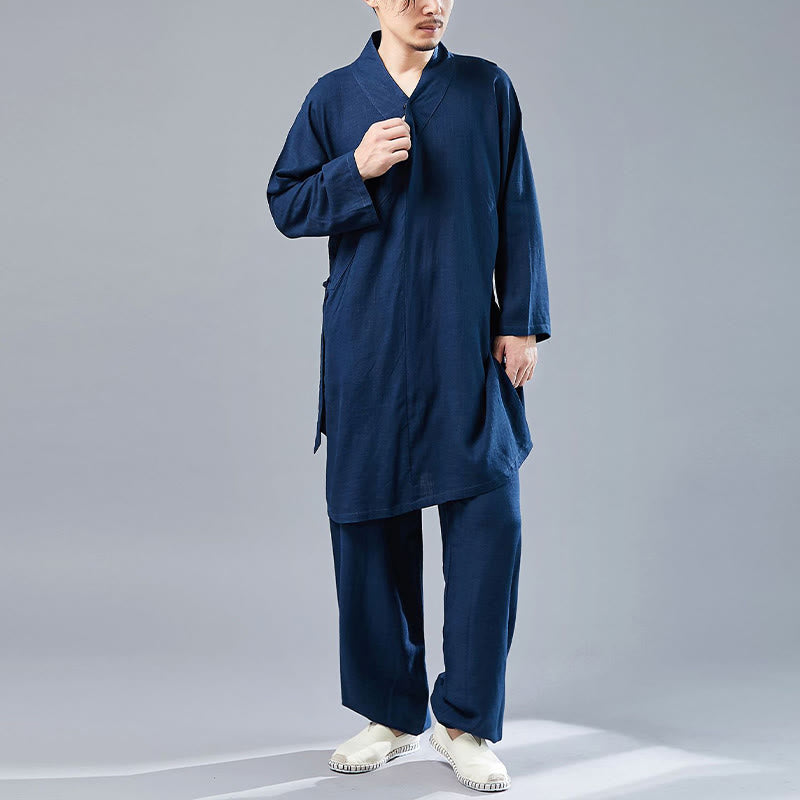 Buddha Stones 2 Piezas Camiseta de Manga Larga con Cuello en V de Hombre Pantalones Conjunto de Ropa de Meditación Zen Tai Chi de Algodón y Lino - image 37