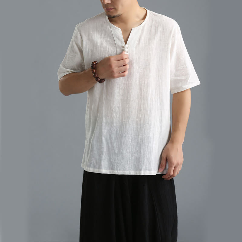 Camisa de Hombre de Algodón y Lino con Cuello en V, Botones y Manga Corta de Buddha Stones