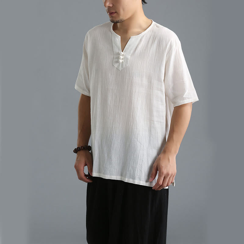 Camisa de Hombre de Algodón y Lino con Cuello en V, Botones y Manga Corta de Buddha Stones