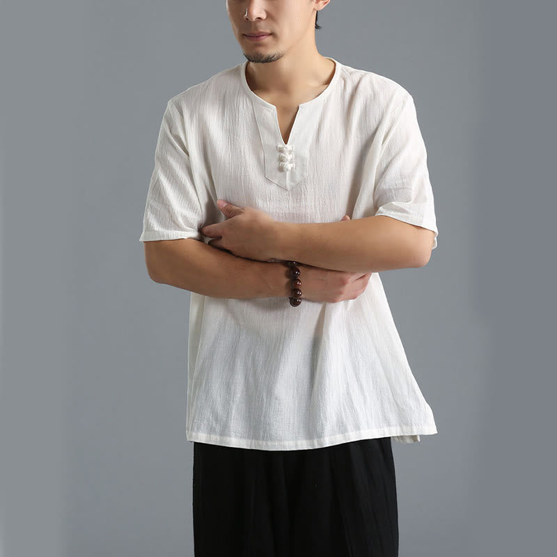 Camisa de Hombre de Algodón y Lino con Cuello en V, Botones y Manga Corta de Buddha Stones