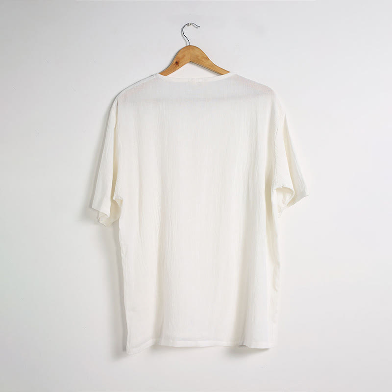 Camisa de Hombre de Algodón y Lino con Cuello en V, Botones y Manga Corta de Buddha Stones