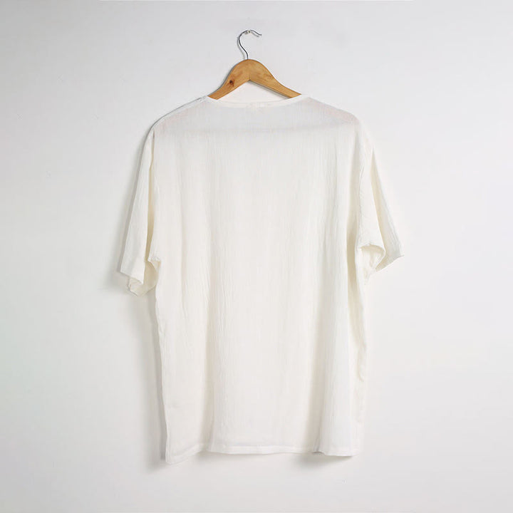 Camisa de Hombre de Algodón y Lino con Cuello en V, Botones y Manga Corta de Buddha Stones