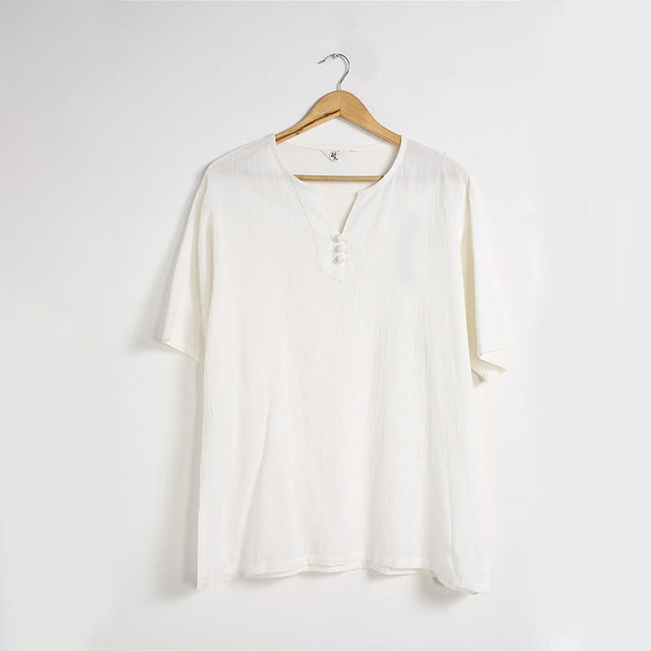 Camisa de Hombre de Algodón y Lino con Cuello en V, Botones y Manga Corta de Buddha Stones