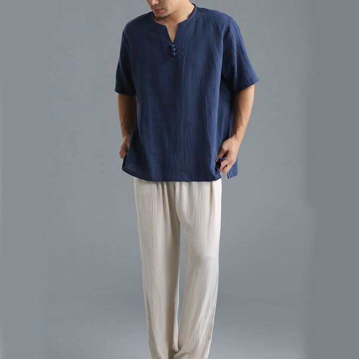 Camisa de Hombre de Algodón y Lino con Cuello en V, Botones y Manga Corta de Buddha Stones
