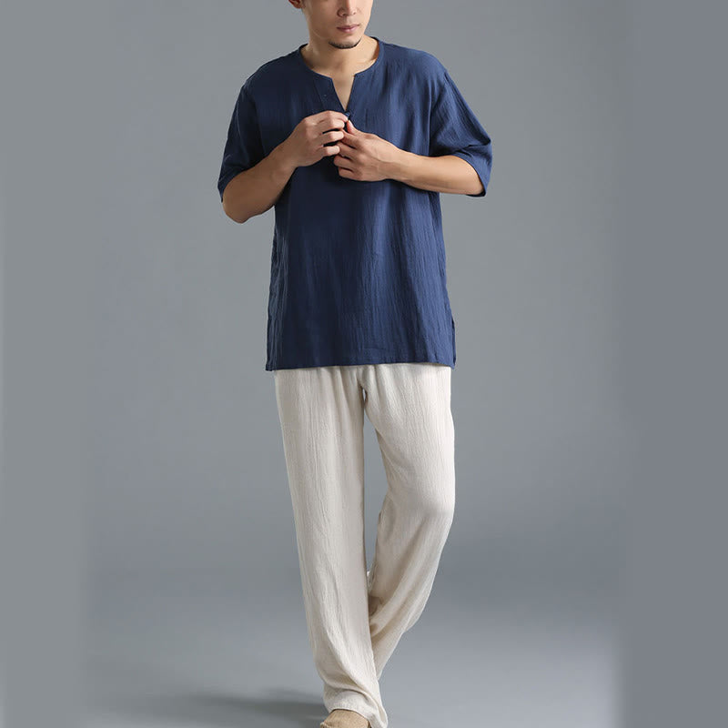 Camisa de Hombre de Algodón y Lino con Cuello en V, Botones y Manga Corta de Buddha Stones