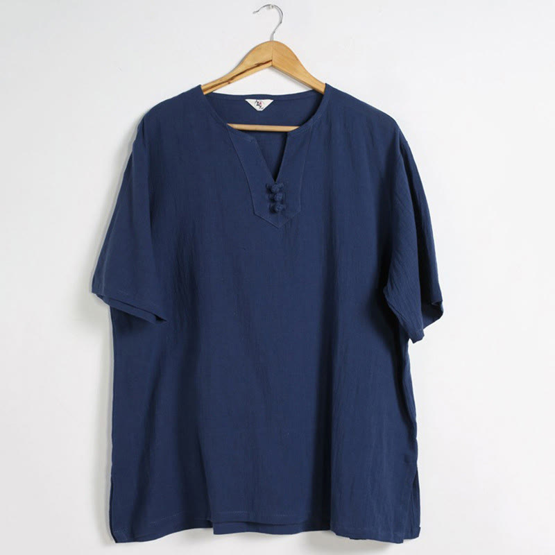 Camisa de Hombre de Algodón y Lino con Cuello en V, Botones y Manga Corta de Buddha Stones