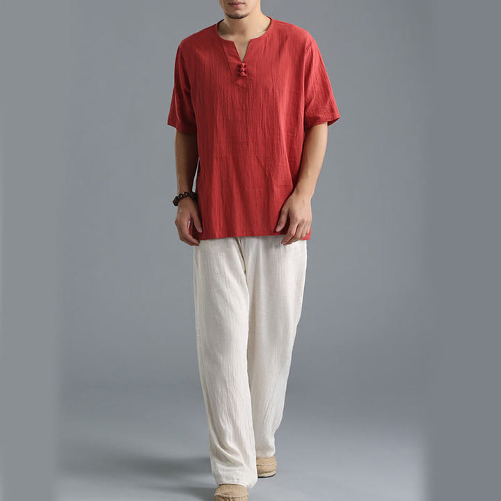 Camisa de Hombre de Algodón y Lino con Cuello en V, Botones y Manga Corta de Buddha Stones