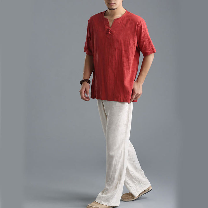 Camisa de Hombre de Algodón y Lino con Cuello en V, Botones y Manga Corta de Buddha Stones