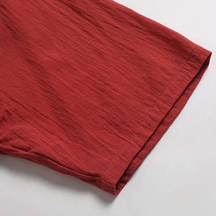 Camisa de Hombre de Algodón y Lino con Cuello en V, Botones y Manga Corta de Buddha Stones