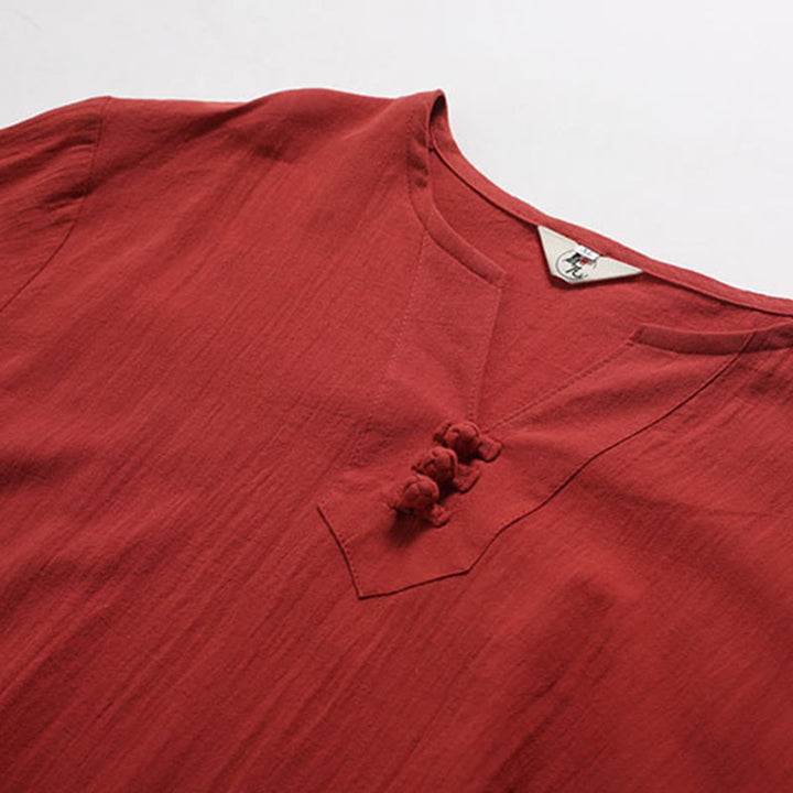 Camisa de Hombre de Algodón y Lino con Cuello en V, Botones y Manga Corta de Buddha Stones