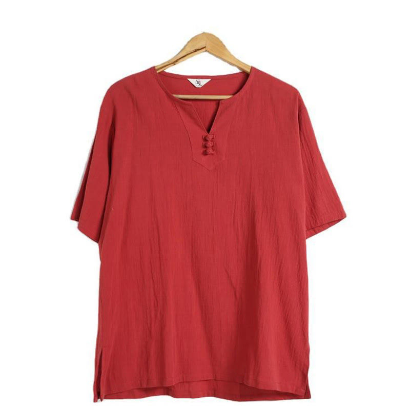 Camisa de Hombre de Algodón y Lino con Cuello en V, Botones y Manga Corta de Buddha Stones