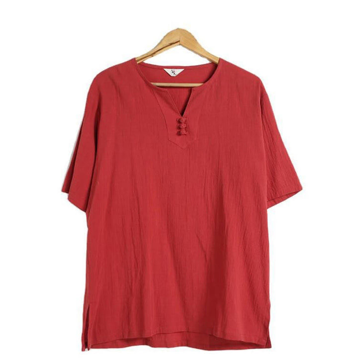 Camisa de Hombre de Algodón y Lino con Cuello en V, Botones y Manga Corta de Buddha Stones