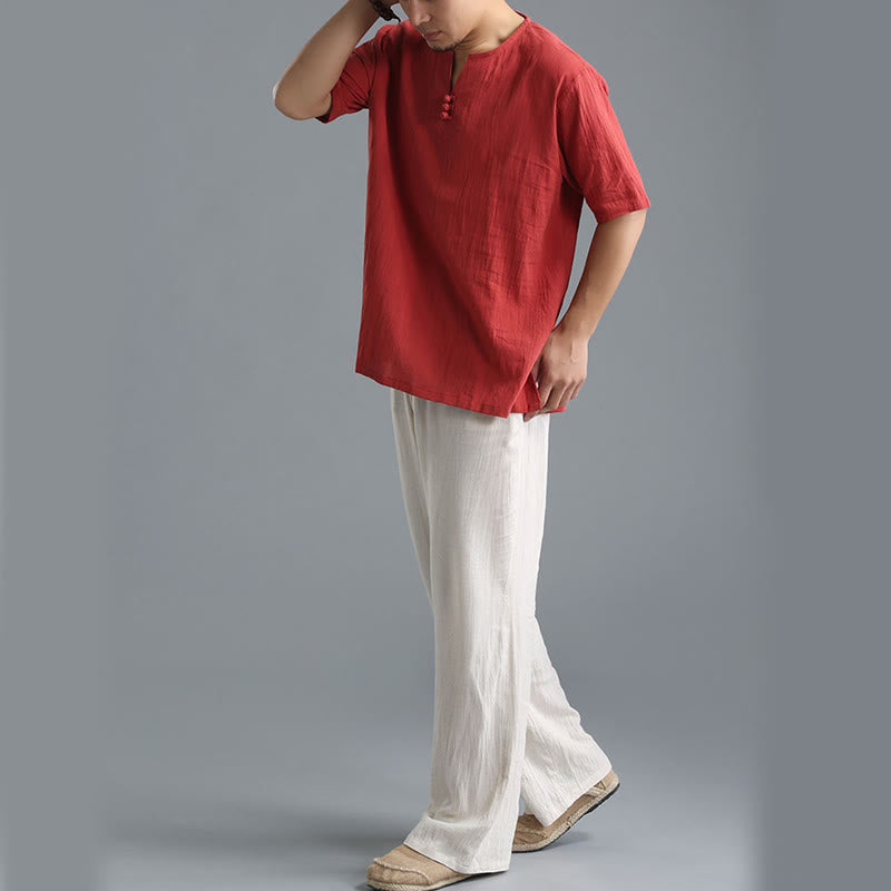 Camisa de Hombre de Algodón y Lino con Cuello en V, Botones y Manga Corta de Buddha Stones