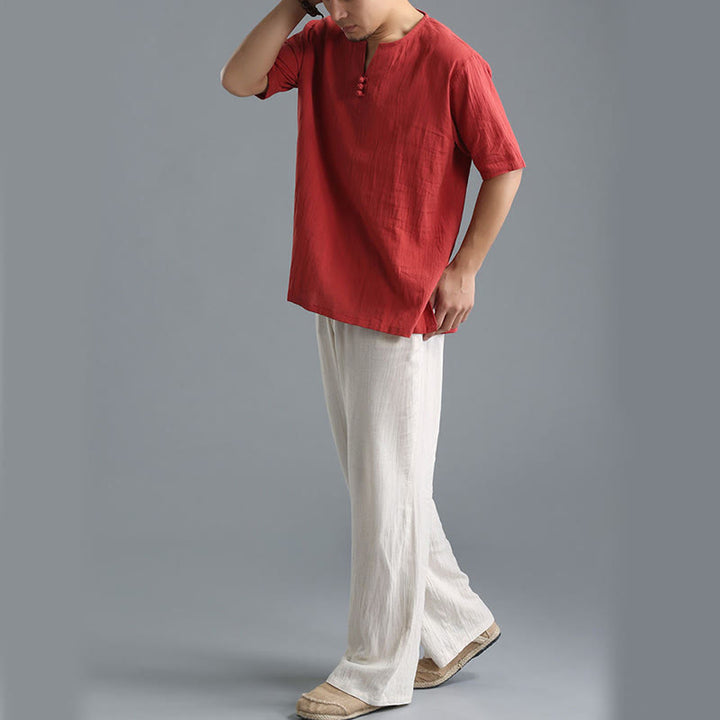 Camisa de Hombre de Algodón y Lino con Cuello en V, Botones y Manga Corta de Buddha Stones