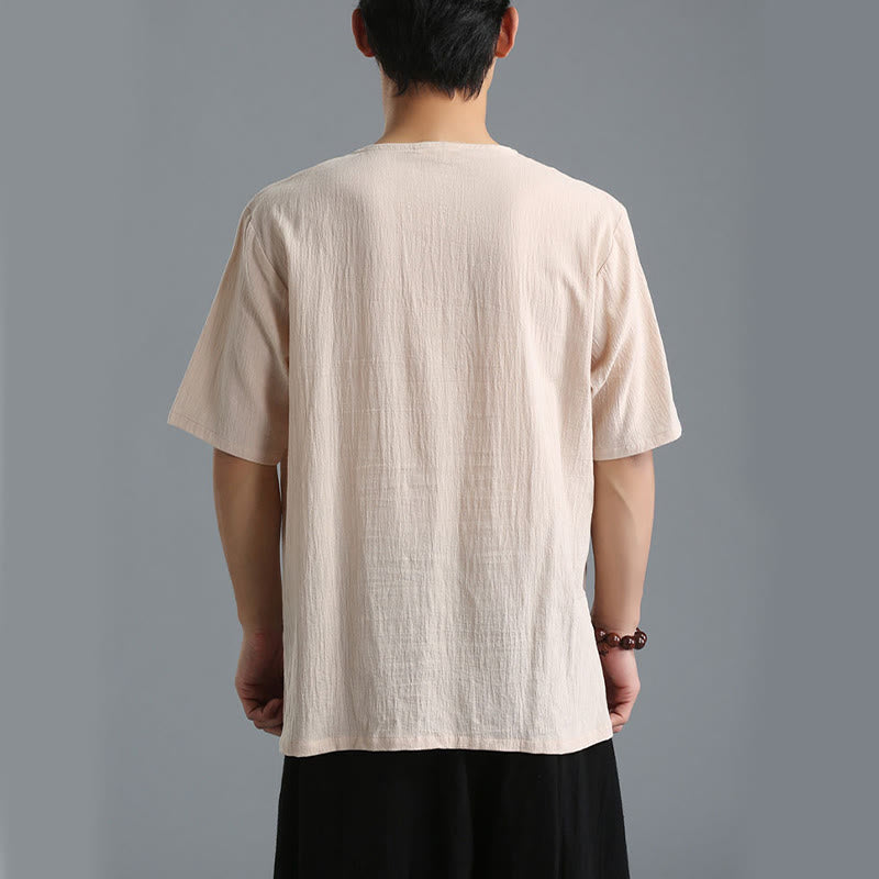 Camisa de Hombre de Algodón y Lino con Cuello en V, Botones y Manga Corta de Buddha Stones