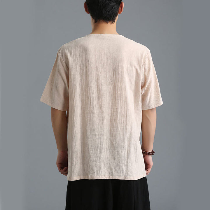 Camisa de Hombre de Algodón y Lino con Cuello en V, Botones y Manga Corta de Buddha Stones