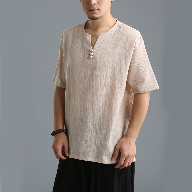 Camisa de Hombre de Algodón y Lino con Cuello en V, Botones y Manga Corta de Buddha Stones