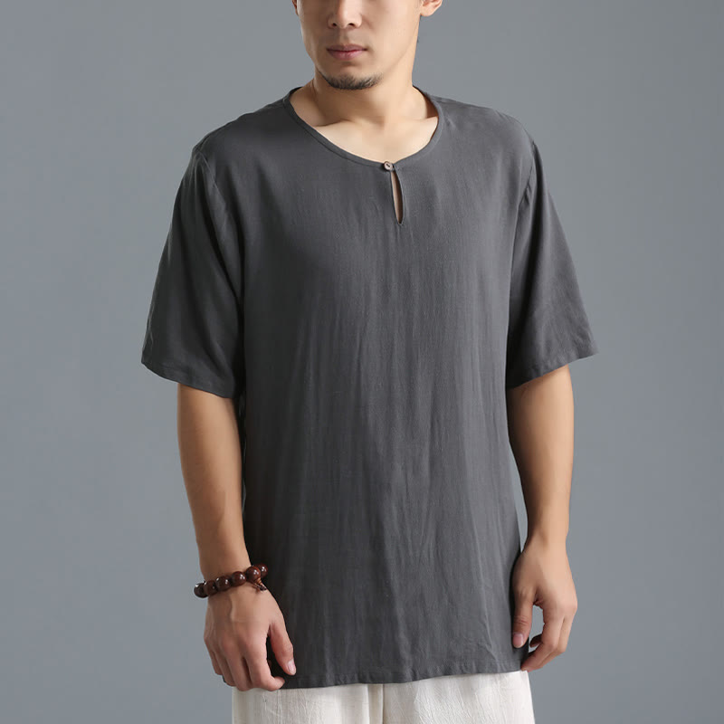 Camiseta de Hombre de Piedras de Buda de Algodón y Lino de Manga Corta y Cuello Redondo de Color Sólido - Gris oscuro - US/UK/AU40，EU50 (XL) - image 0