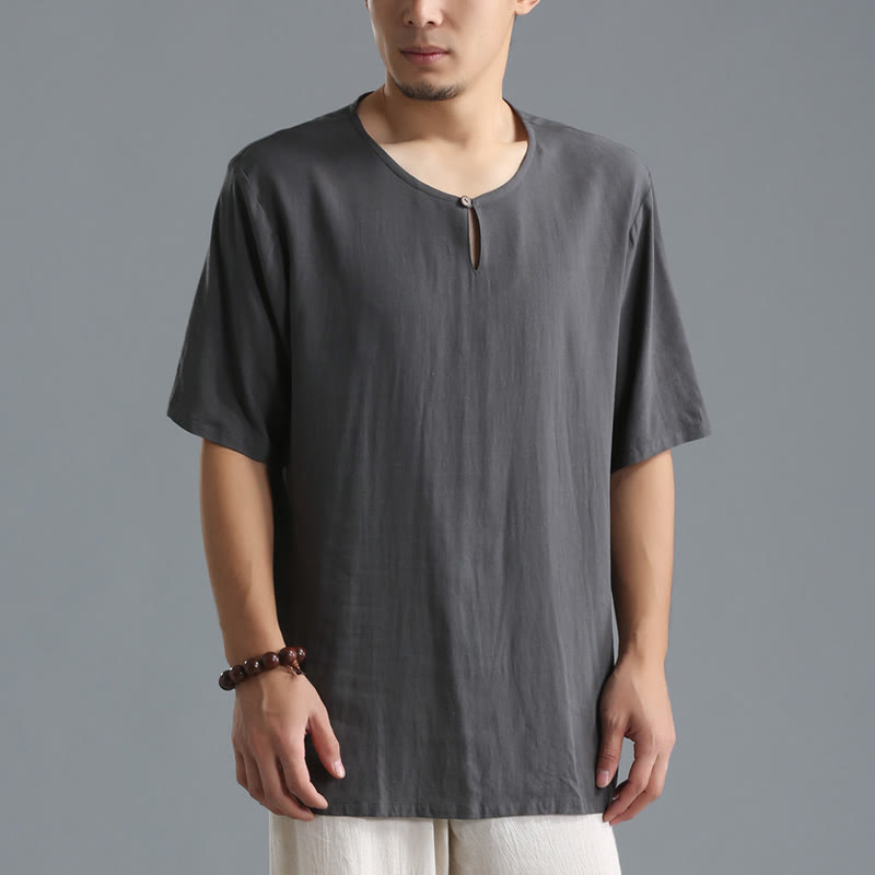 Camiseta de Hombre de Piedras de Buda de Algodón y Lino de Manga Corta y Cuello Redondo de Color Sólido - image 1