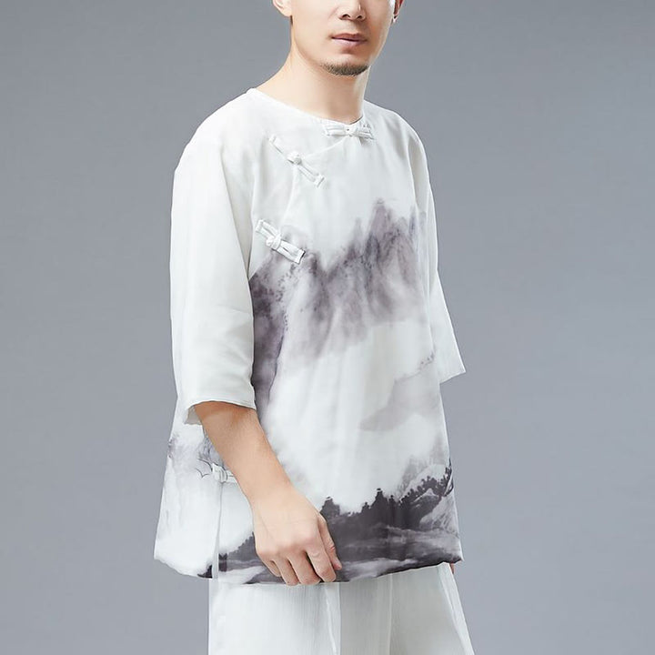 Camisa de Hombre de Manga Corta con Botones en Forma de Rana y Paisaje de Montaña en Tinta