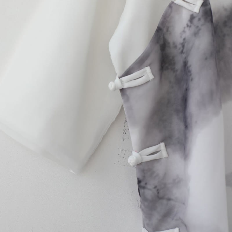 Camisa de Hombre de Manga Corta con Botones en Forma de Rana y Paisaje de Montaña en Tinta