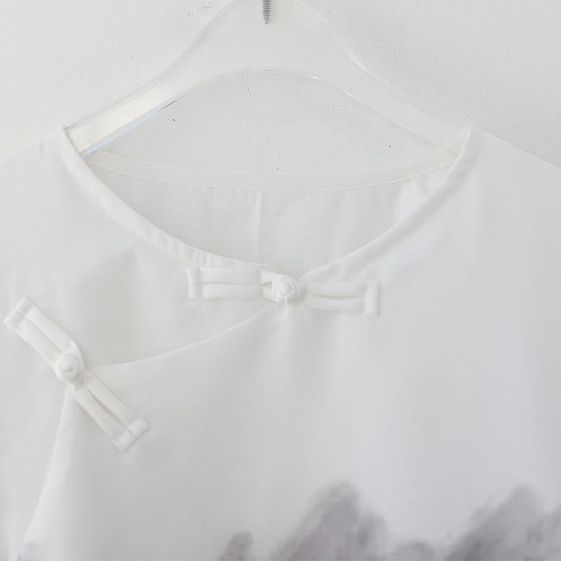 Camisa de Hombre de Manga Corta con Botones en Forma de Rana y Paisaje de Montaña en Tinta