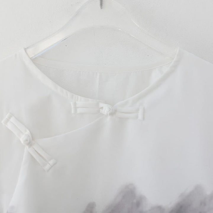 Camisa de Hombre de Manga Corta con Botones en Forma de Rana y Paisaje de Montaña en Tinta