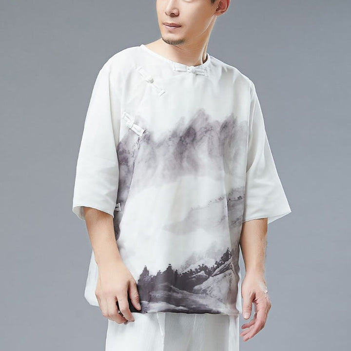 Camisa de Hombre de Manga Corta con Botones en Forma de Rana y Paisaje de Montaña en Tinta