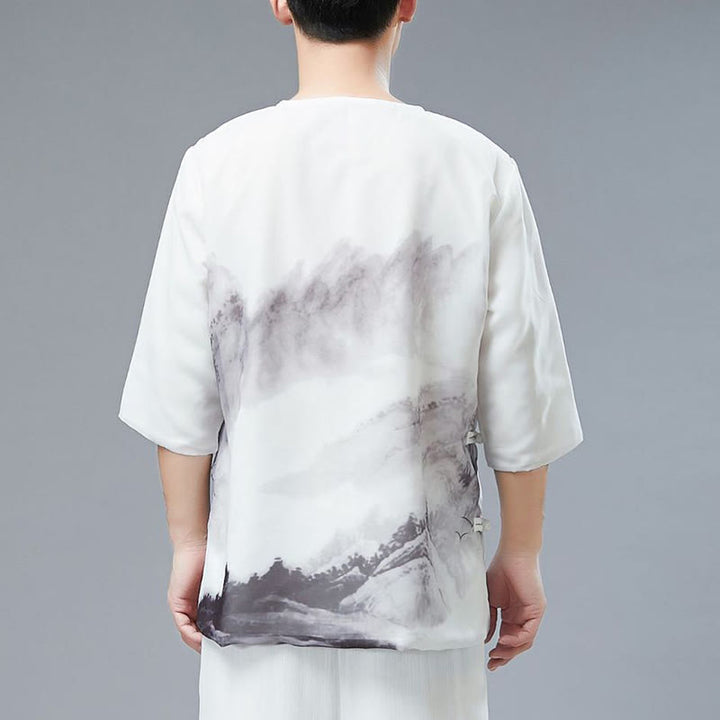 Camisa de Hombre de Manga Corta con Botones en Forma de Rana y Paisaje de Montaña en Tinta