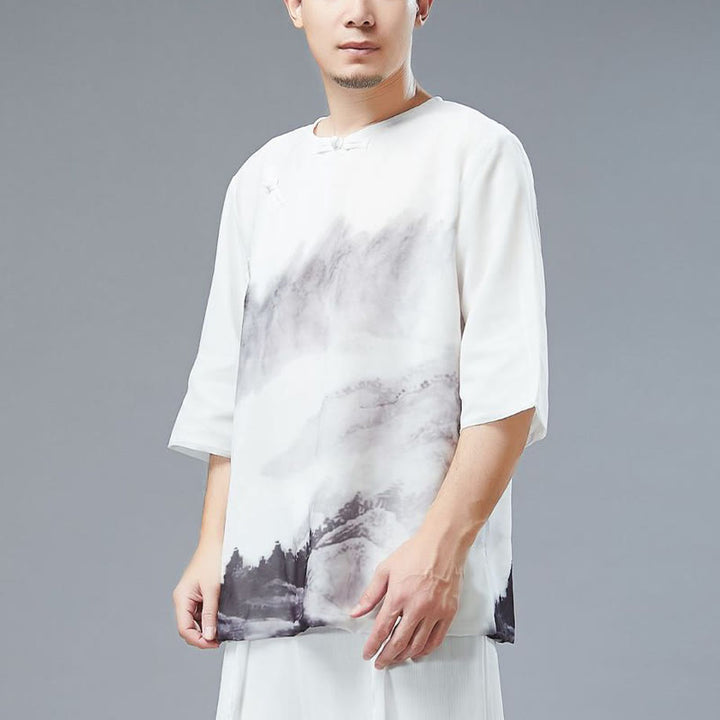 Camisa de Hombre de Manga Corta con Botones en Forma de Rana y Paisaje de Montaña en Tinta