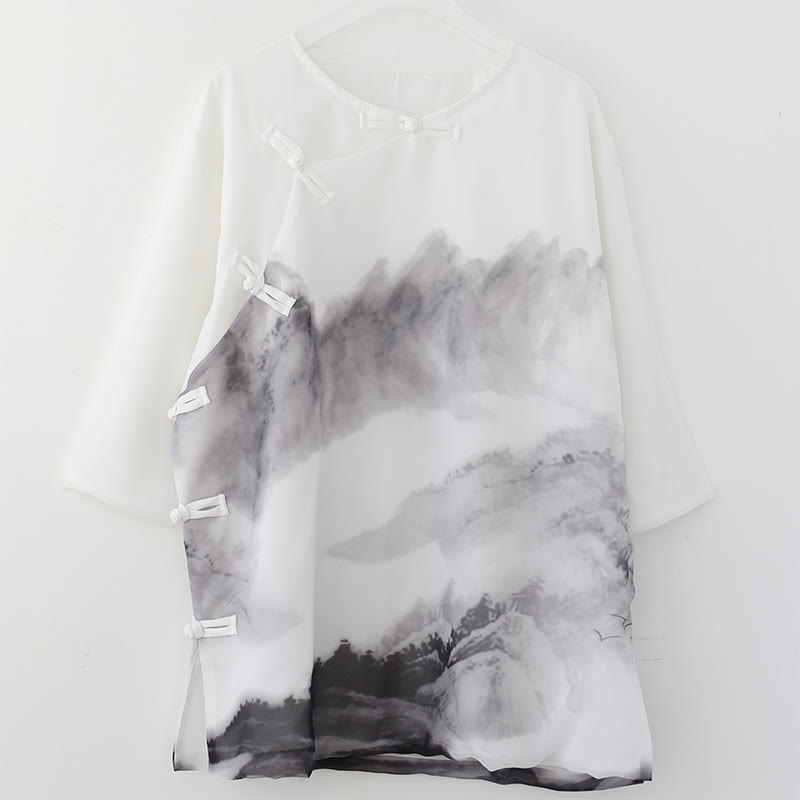 Camisa de Hombre de Manga Corta con Botones en Forma de Rana y Paisaje de Montaña en Tinta