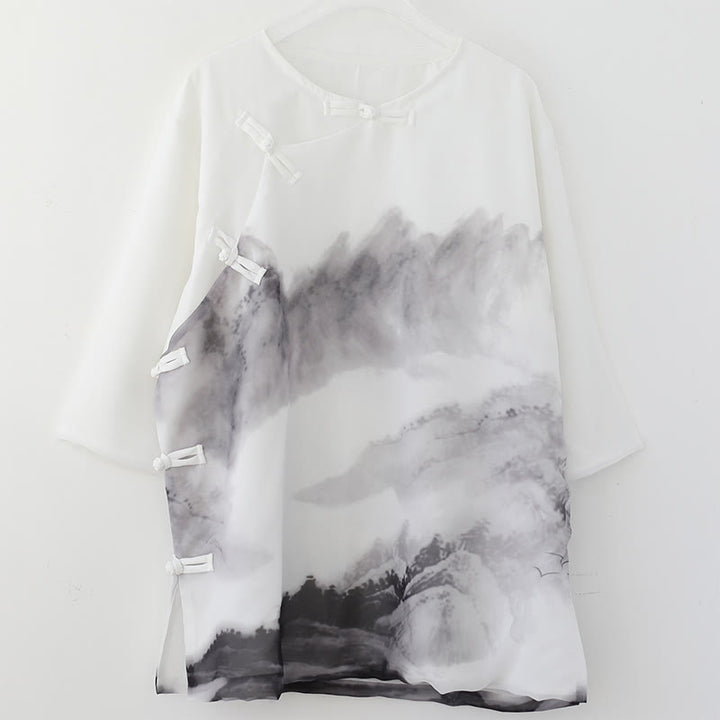 Camisa de Hombre de Manga Corta con Botones en Forma de Rana y Paisaje de Montaña en Tinta