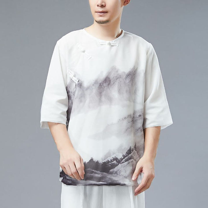 Camisa de Hombre de Manga Corta con Botones en Forma de Rana y Paisaje de Montaña en Tinta