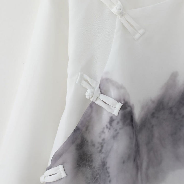 Camisa de Hombre de Manga Corta con Botones en Forma de Rana y Paisaje de Montaña en Tinta