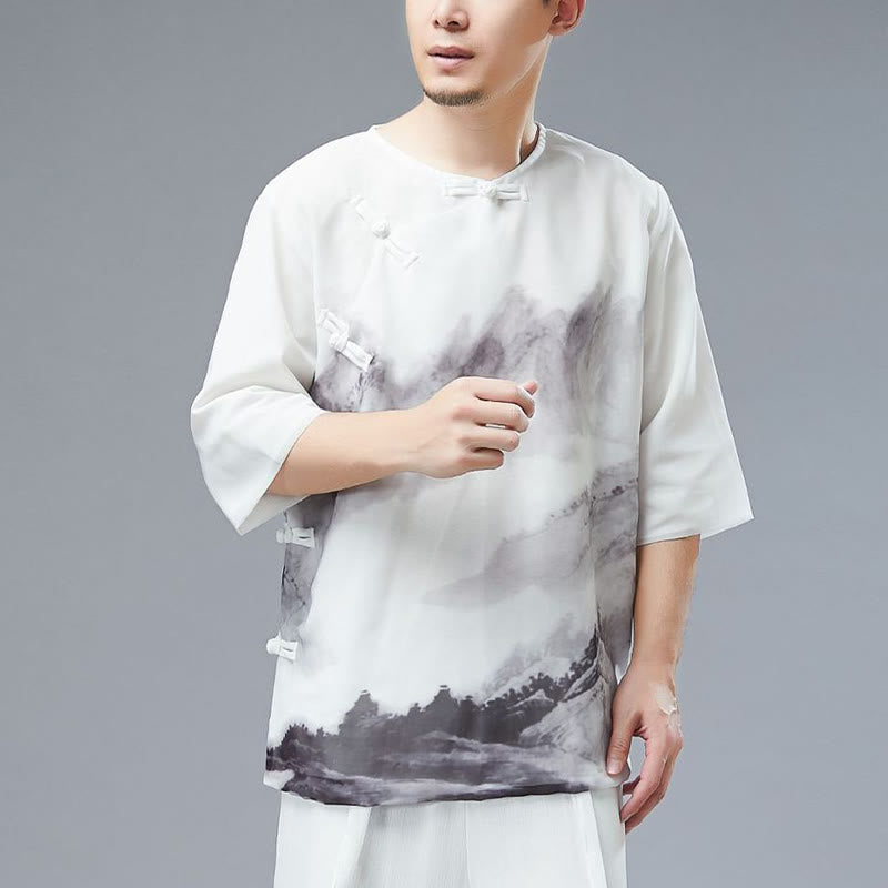 Camisa de Hombre de Manga Corta con Botones en Forma de Rana y Paisaje de Montaña en Tinta