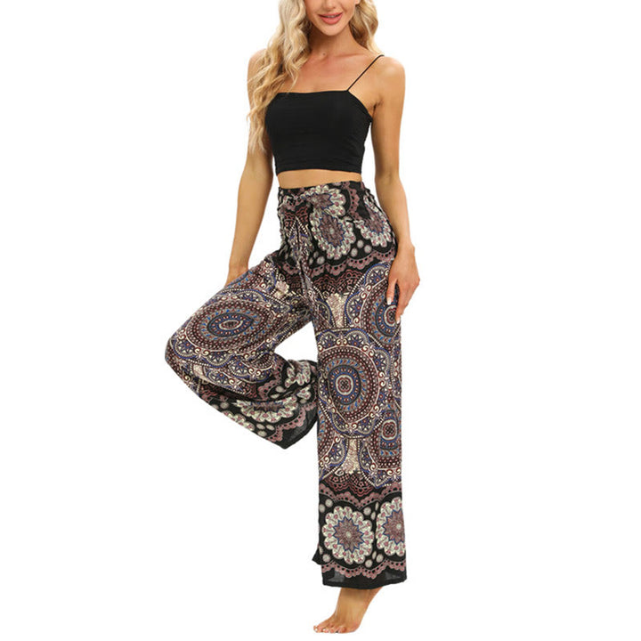 Pantalones anchos con estampado de mandala boho y piedras de Buda con cordones para mujer, pantalones de yoga - image 4