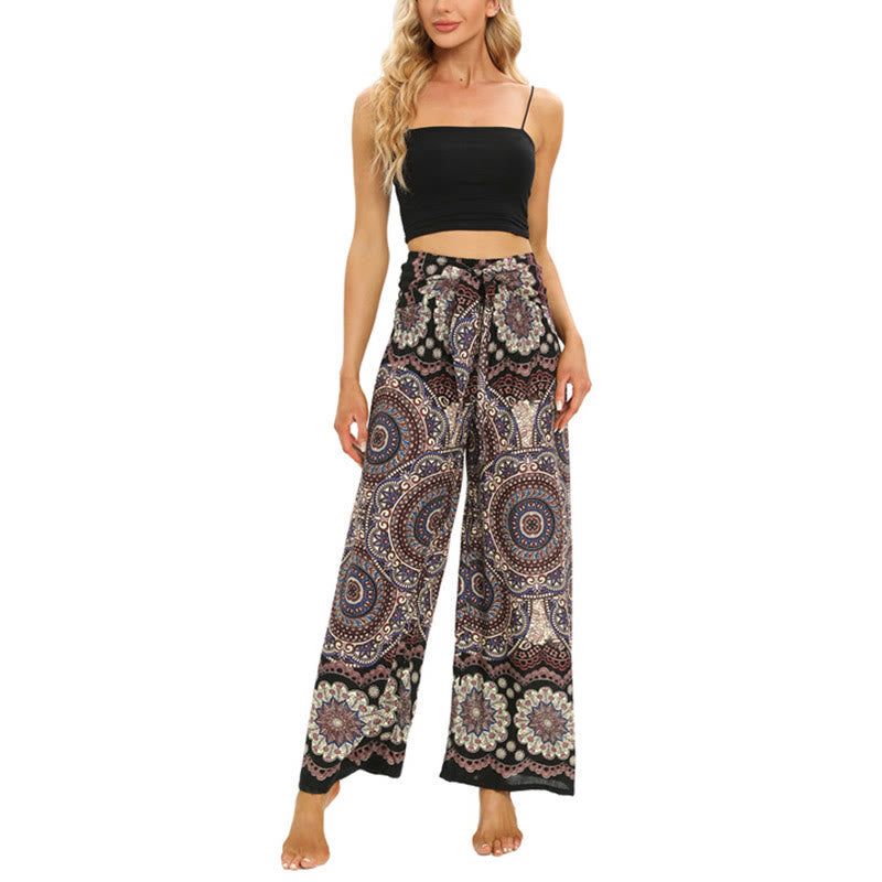 Pantalones anchos con estampado de mandala boho y piedras de Buda con cordones para mujer, pantalones de yoga - image 6