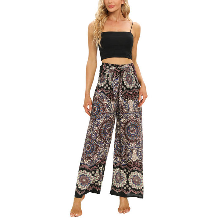 Pantalones anchos con estampado de mandala boho y piedras de Buda con cordones para mujer, pantalones de yoga - image 6