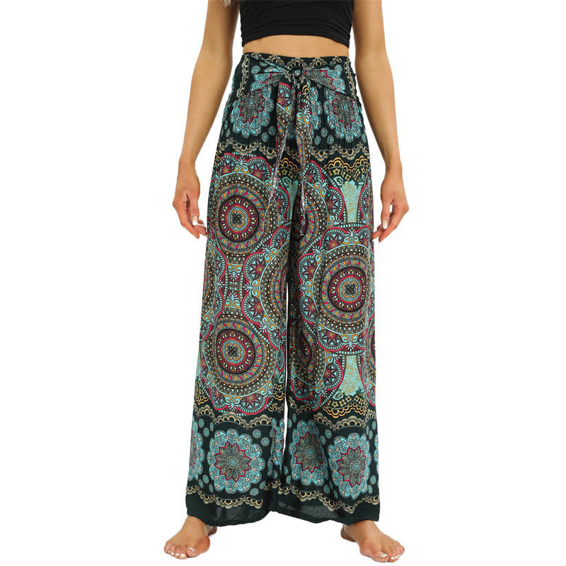 Pantalones anchos con estampado de mandala boho y piedras de Buda con cordones para mujer, pantalones de yoga - Verde mar claro - US2-12, UK/AU6-16, EU34-44 (F) - image 9