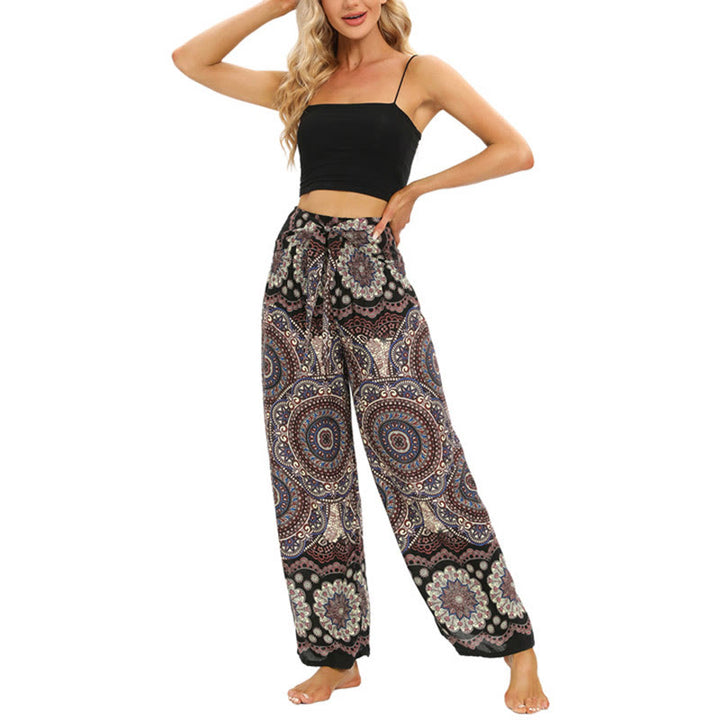 Pantalones anchos con estampado de mandala boho y piedras de Buda con cordones para mujer, pantalones de yoga - image 8