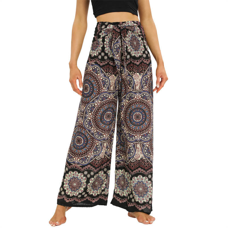 Pantalones anchos con estampado de mandala boho y piedras de Buda con cordones para mujer, pantalones de yoga - Broncearse - US2-12, UK/AU6-16, EU34-44 (F) - image 1