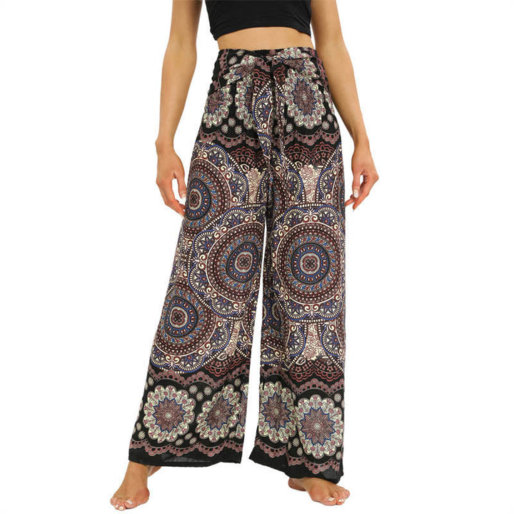 Pantalones anchos con estampado de mandala boho y piedras de Buda con cordones para mujer, pantalones de yoga - Broncearse - US2-12, UK/AU6-16, EU34-44 (F) - image 1
