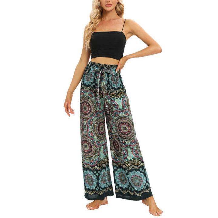 Pantalones anchos con estampado de mandala boho y piedras de Buda con cordones para mujer, pantalones de yoga - image 12