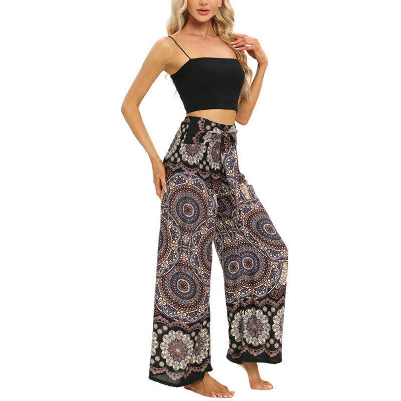 Pantalones anchos con estampado de mandala boho y piedras de Buda con cordones para mujer, pantalones de yoga - image 5