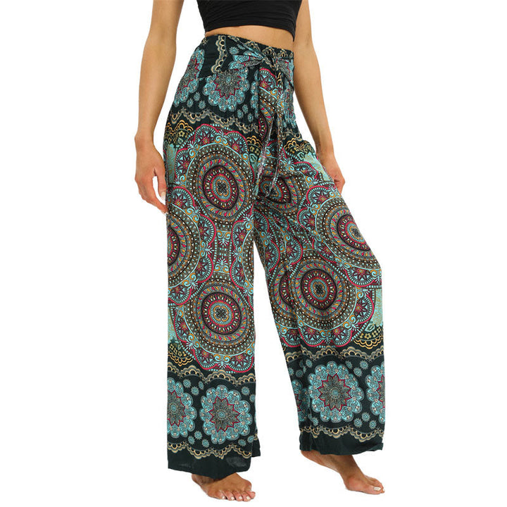 Pantalones anchos con estampado de mandala boho y piedras de Buda con cordones para mujer, pantalones de yoga - image 10