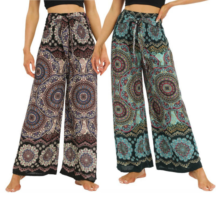 Pantalones anchos con estampado de mandala boho y piedras de Buda con cordones para mujer, pantalones de yoga - image 0