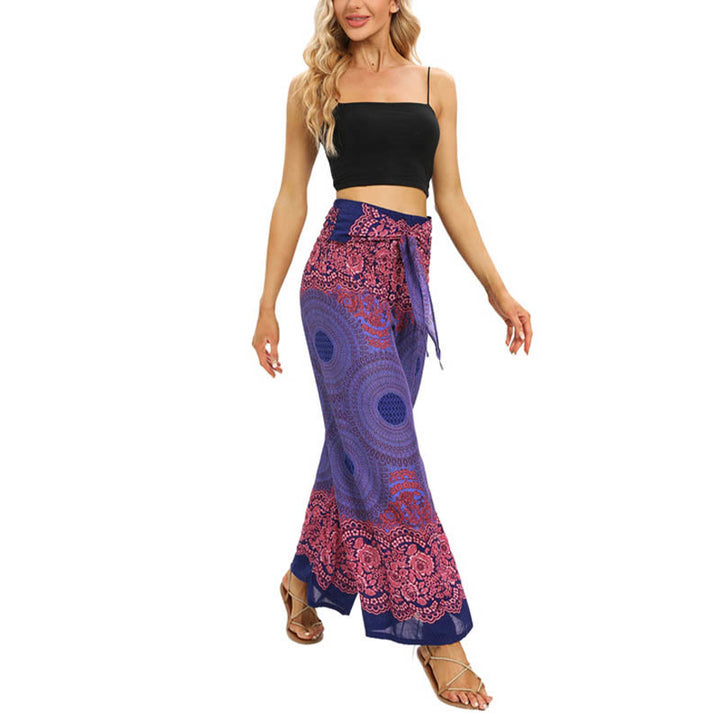 Pantalones anchos de mujer con estampado de piedras de Buda, brújula bohemia y flor, y cordones